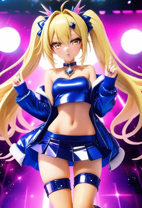 latex blonde gyaru woman, pigtails, strapless crop top, (cleavage, bare midriff, navel), short loose knit jacket, pleated miniskirt, over-the-knee stockings, gyaru makeup, jewel necklace, rich girl,
(sparkles, sparkling), sharp focus, (glossy clothing, glittering fabric),