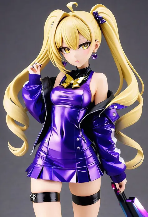 latex blonde gyaru woman, pigtails, latex crop top, (cleavage, bare midriff, navel), short loose knit jacket, latex pleated miniskirt, over-the-knee stockings, gyaru makeup, jewel necklace,
(sparkles, sparkling), sharp focus, (glossy clothing, glittering fabric),