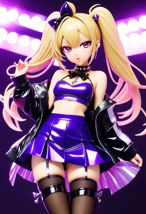 latex blonde gyaru woman, pigtails, latex strapless crop top, (cleavage, bare midriff, navel), short loose knit jacket, latex pleated miniskirt, over-the-knee stockings, gyaru makeup, jewel necklace,
(sparkles, sparkling), sharp focus, (glossy clothing, glittering fabric),