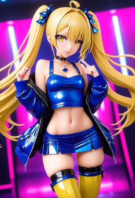 latex blonde gyaru woman, pigtails, latex crop top, (cleavage, bare midriff, navel), short loose knit jacket, latex pleated miniskirt, over-the-knee stockings, gyaru makeup, jewel necklace,
(sparkles, sparkling), sharp focus, (glossy clothing, glittering fabric),