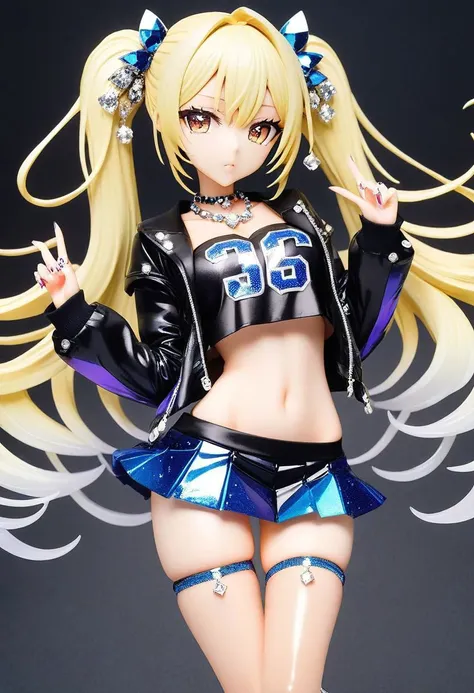 blonde gyaru woman, drill pigtails, strapless crop top, (cleavage, bare midriff, navel), short loose knit jacket, pleated miniskirt, over-the-knee stockings, gyaru makeup, jewel necklace, rich girl,
(sparkles, sparkling), sharp focus, (glossy clothing, glittering fabric),