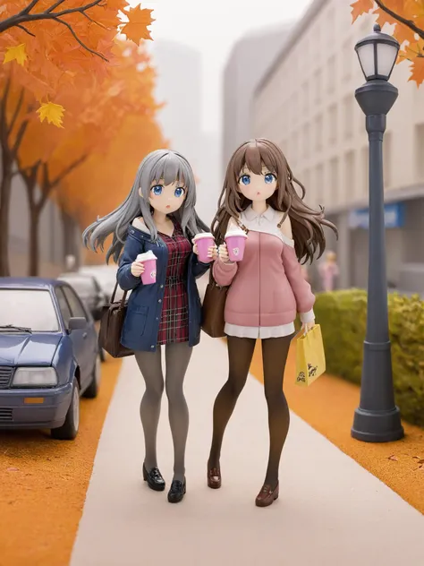 pvc,multiple girls, disposable cup, cup, outdoors, blue eyes, tree, pants, brown hair, coffee cup, ground vehicle, bag, dress, autumn leaves, long hair, plaid, building, holding cup, 2girls, jacket, holding, bangs, motor vehicle, black pants, car, open clothes, long sleeves, road, coat, blurry, shirt, grey hair, pink dress, handbag, day, depth of field, parted lips, autumn, street, shoulder bag, :o, lamppost, city, pantyhose, jeans, ginkgo leaf