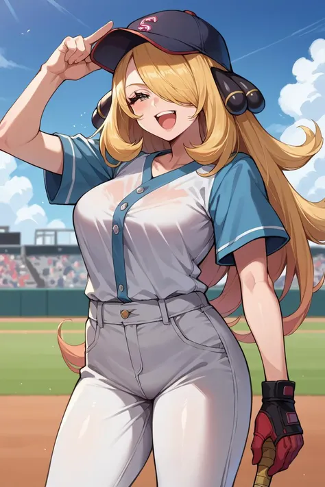 score_9, score_8_up, score_7_up, score_6_up, source_anime BREAK 1girl <lora:pkmncynthia-pdxl-nvwls-v1-000006:1> defCyn, hair over one eye, hair ornament, big breasts, baseball cap, baseball uniform, white pants, wink, open mouth, happy, blue sky