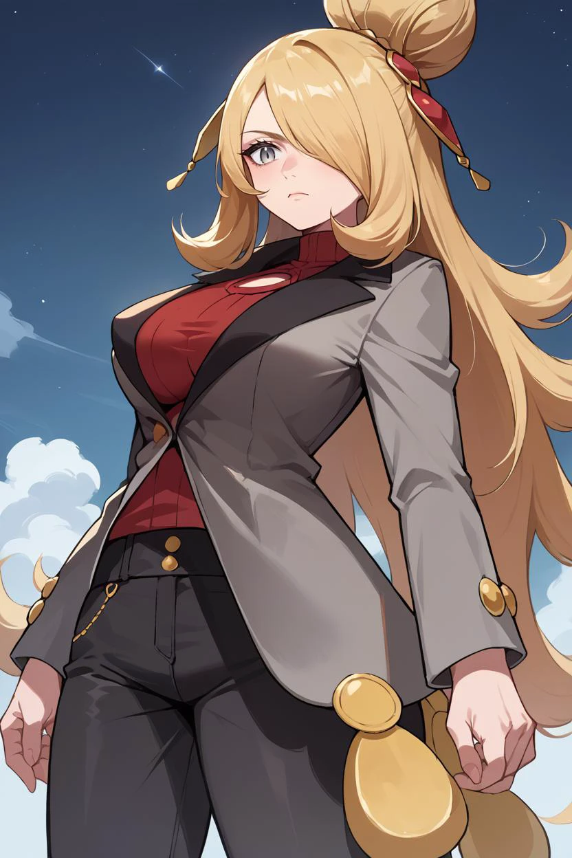 score_9, score_8_up, score_7_up, score_6_up, source_anime BREAK 1girl, solo <lora:pkmncynthia-pdxl-nvwls-v1-000006:1> sygCyn, hair over one eye, hair bun, hairband, grey jacket, red sweater, clothing cutout, black pants, big breasts, stare, looking down, empty eyes, night sky