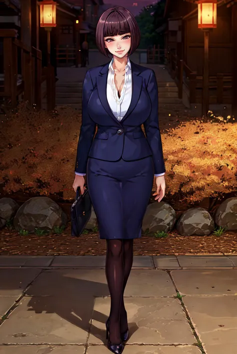 (masterpiece, best quality, semirealistic:1.3), Itsuki Shima, mature female, black pantyhose, pencil skirt, highheels, full body shot, short hair, brown hair, bob cut, brown eyes, huge breasts, cleavage, looking at viewer, office lady, formal, suit, skirt suit, jacket, collared shirt, perfect body, perfect eyes, anime eyes, eyeshadow, perfect face, (horny, blush, smirking:1.2), evening park, sunset, bright background, grass, japaneese park background, park lanterns, intricate background, sharp focus, professional artwork, intricate details, (vibrant colors, vivid colors, Diffused lighting:1.1), digital blending, ultra detailed body, ultra detail hair, ultra detail face, trending on pixiv, <lora:ItsukiShimaV1-000003:0.85>, <lora:epi_noiseoffset2:1>