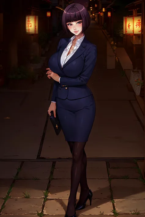 (masterpiece, best quality, semirealistic:1.3), Itsuki Shima, mature female, black pantyhose, pencil skirt, highheels, full body shot, short hair, brown hair, bob cut, brown eyes, huge breasts, cleavage, looking at viewer, office lady, formal, suit, skirt suit, jacket, collared shirt, perfect body, perfect eyes, anime eyes, eyeshadow, perfect face, (horny, blush, smirking:1.2), evening park, sunset, bright background, grass, japaneese park background, park lanterns, intricate background, sharp focus, professional artwork, intricate details, (vibrant colors, vivid colors, Diffused lighting:1.1), digital blending, ultra detailed body, ultra detail hair, ultra detail face, trending on pixiv, <lora:ItsukiShimaV1-000003:0.85>, <lora:epi_noiseoffset2:1>