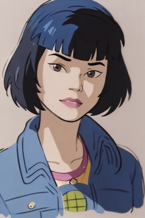 masterpiece, best quality, 1girl, gi, black hair, short hair, black eyes, blue jacket, looking at viewer, solo, closeup, sketch, simple background <lora:Gi:1>