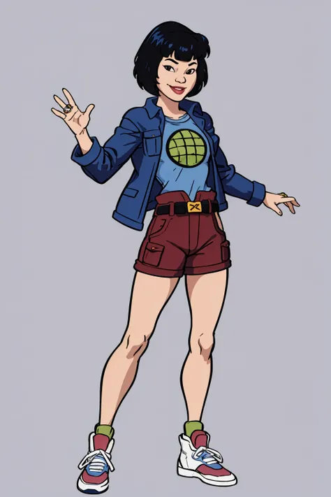 masterpiece, best quality, 1girl, gi, black hair, short hair, black eyes, belt, blue jacket, looking at viewer, ring, shirt, shoes, smile, solo, standing, contrapposto, simple background <lora:Gi:1>