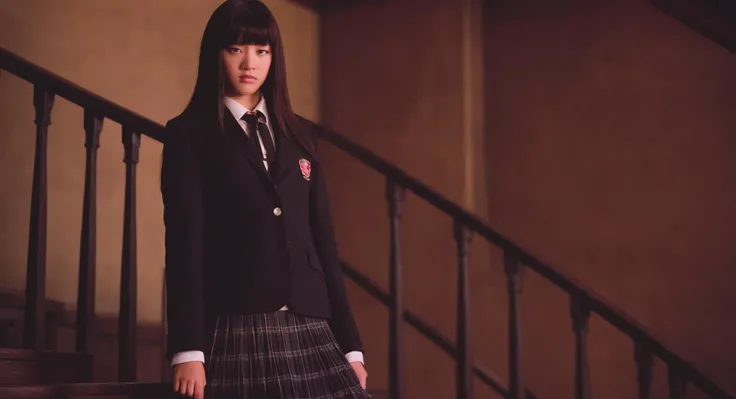 cinematic film still of <lora:Kill Bill style:0.9>
Cinematic film image of Gogo Yubari a woman in a school uniform is standing on a stair,1girl,solo,long hair,skirt,black hair,school uniform,jacket,plaid,chain,plaid skirt,blazer,realistic , Kodak film grain, dramatic light, dramatic shadow light, contrast, saturated color, cinematic, filmic, motion picture, realistic, realism, perfection, perfect, deep focus, clean image, Kill Bill style, Kill Bill Film Style, shallow depth of field, vignette, highly detailed, high budget, bokeh, cinemascope, moody, epic, gorgeous, film grain, grainy