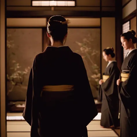 cinematic film still of <lora:Kill Bill style:1>
Cinematic film image of a woman in a kimono is standing in a room with other people,long hair,looking at viewer,multiple girls,brown hair,black hair,hair ornament,2girls,school uniform,japanese clothes,multiple boys,indoors,kimono,lips,realistic , Kodak film grain, dramatic light, dramatic shadow light, contrast, saturated color, cinematic, filmic, motion picture, realistic, realism, perfection, perfect, deep focus, clean image, Kill Bill style, Kill Bill Film Style, shallow depth of field, vignette, highly detailed, high budget, bokeh, cinemascope, moody, epic, gorgeous, film grain, grainy