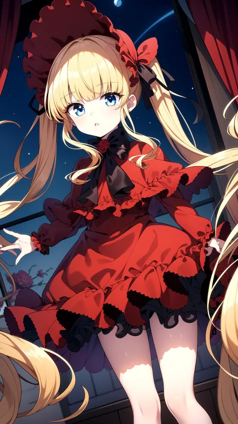 (Night dark:1.2), Room, masterpiece, best quality, Red dress, blue eyes, yellow hair, long hair, twin tails, <lyco:shinku:0.7>, shinku