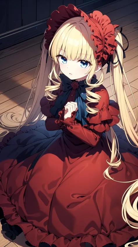 Room, masterpiece, best quality, Red dress, blue eyes, yellow hair, long hair, twin tails, <lyco:shinku:0.7>, shinku