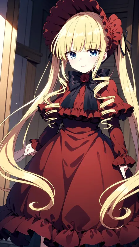 Room, masterpiece, best quality, Red dress, blue eyes, yellow hair, long hair, twin tails, <lyco:shinku:0.8>, shinku