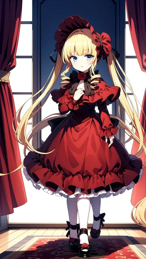 Walk, Room, masterpiece, best quality, Red dress, blue eyes, yellow hair, long hair, twin tails, <lyco:shinku:0.7>, shinku