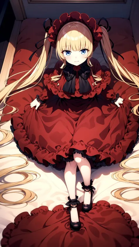 Room, masterpiece, best quality, Red dress, blue eyes, yellow hair, long hair, twin tails, <lyco:shinku:0.8>, shinku