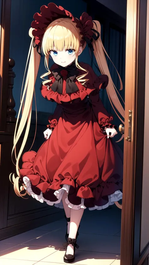Walk, Room, masterpiece, best quality, Red dress, blue eyes, yellow hair, long hair, twin tails, <lyco:shinku:0.7>, shinku