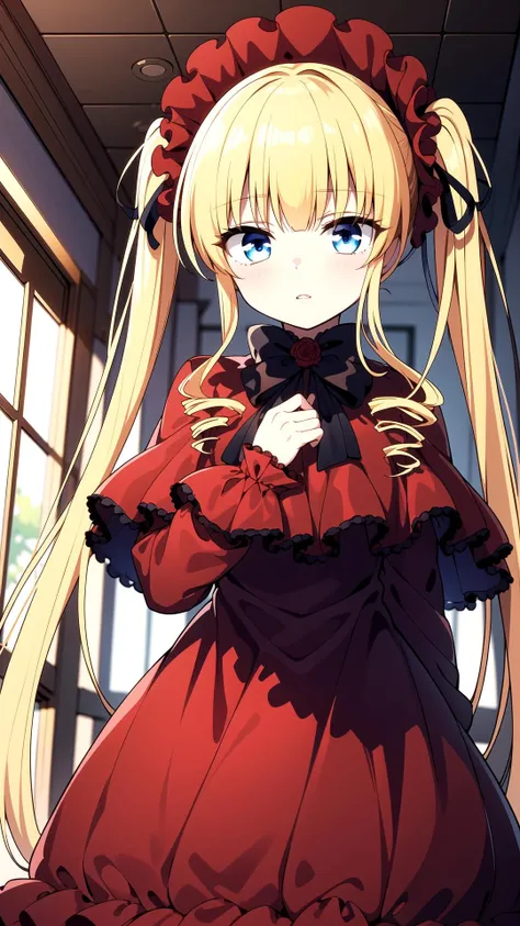 Room, masterpiece, best quality, Red dress, blue eyes, yellow hair, long hair, twin tails, <lyco:shinku:0.7>, shinku