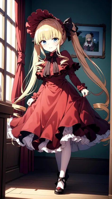Walk, Room, masterpiece, best quality, Red dress, blue eyes, yellow hair, long hair, twin tails, <lyco:shinku:0.7>, shinku