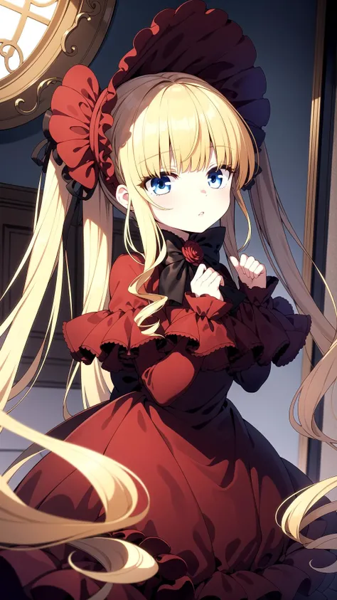 Room, masterpiece, best quality, Red dress, blue eyes, yellow hair, long hair, twin tails, <lyco:shinku:0.7>, shinku