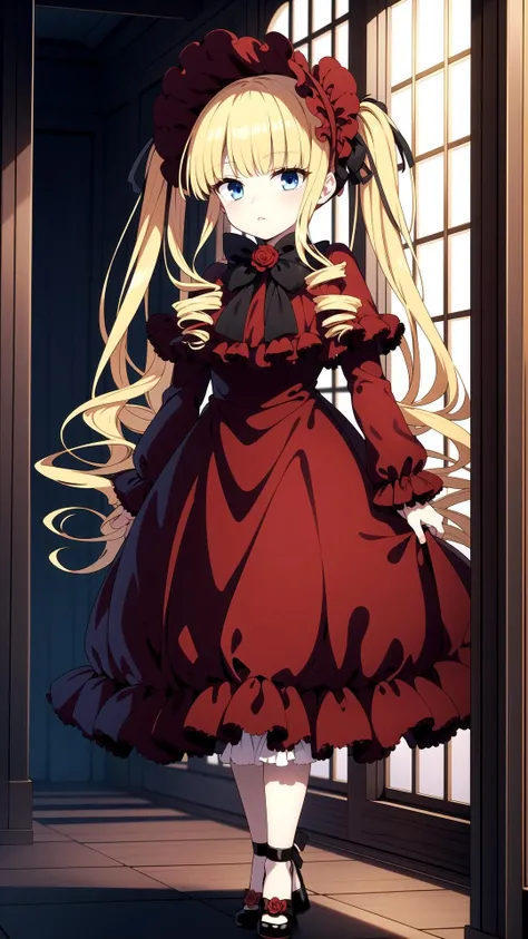 Walk, Room, masterpiece, best quality, Red dress, blue eyes, yellow hair, long hair, twin tails, <lyco:shinku:0.7>, shinku
