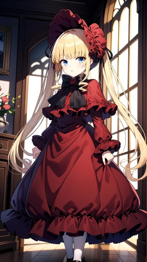 Walk, Room, masterpiece, best quality, Red dress, blue eyes, yellow hair, long hair, twin tails, <lyco:shinku:0.7>, shinku