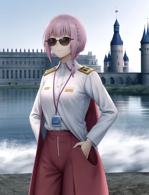 incredibly absurdres, best quality, 8k wallpaper, highly intricate details, looking at viewer, 1girl, (trembling), breasts, medium breasts, Pastel Pink hair, hime cut, front braid, white eyes, wearing smock and pea coat with sunglasses and lanyard, (panorama, hands on hips:1.2), floating castle, finely detailed background, amazing background