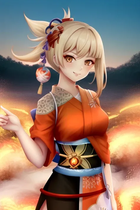 upper body digital painting, masterpiece, best quality, Yoimiya \(genshin impact\), blonde hair, 1girl, solo, japanese clothes, hair ornament, orange kimono, kimono, Japanese scenery in the background, stunningly attractive, looking at viewer, happy, friendly, playful, cute
<lora:Yoimiya_hardpruned:1>
<lora:oslightStyle_oslight:0.9> oslight