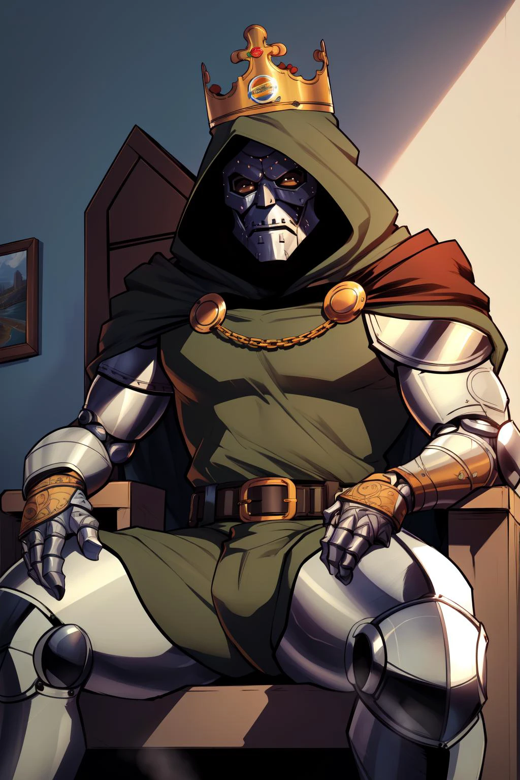 (masterpiece, best quality, absurdres, 4k, aesthetic, detailed, intricate, perfect lighting),cinematic angle,1boy,sitting on throne,elbow rest,castle interior,mask,hood,cape,belt,armor,cloak,gauntlets, <lora:DoctorDoomLoRA:0.8>, <lora:attire_burgerkingcrown:1> bkcrown