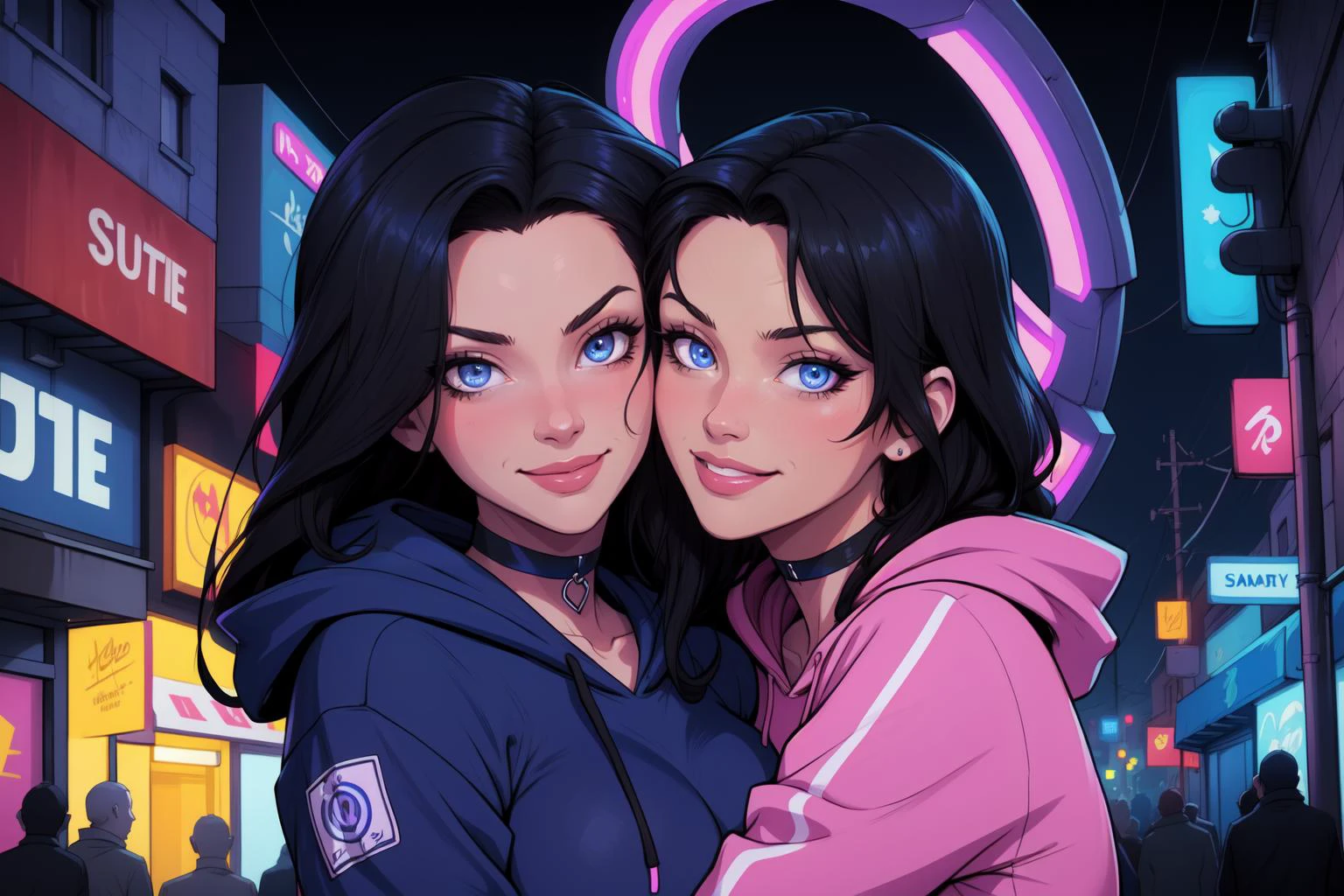 (masterpiece, detailed, highres:1.4), (hotify:1.2), 2girls, hugging, upper body, wind, swaying black hair, hoody, choker, sapphire blue eyes, streets at night, purple neon lights, smiling