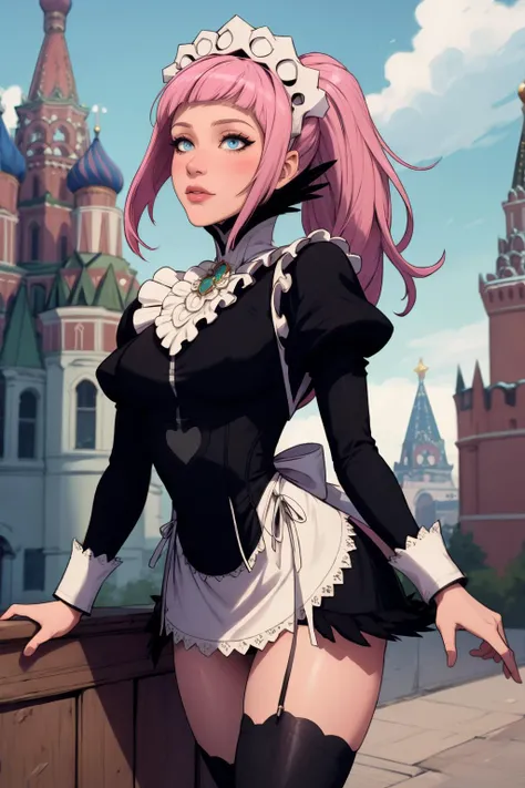 masterpiece, best quality, abstract, <lora:felicia-fe-richy-v1:1> feliciadef, maid, maid headdress, black thighhighs, pink hair, Moscow, Russia