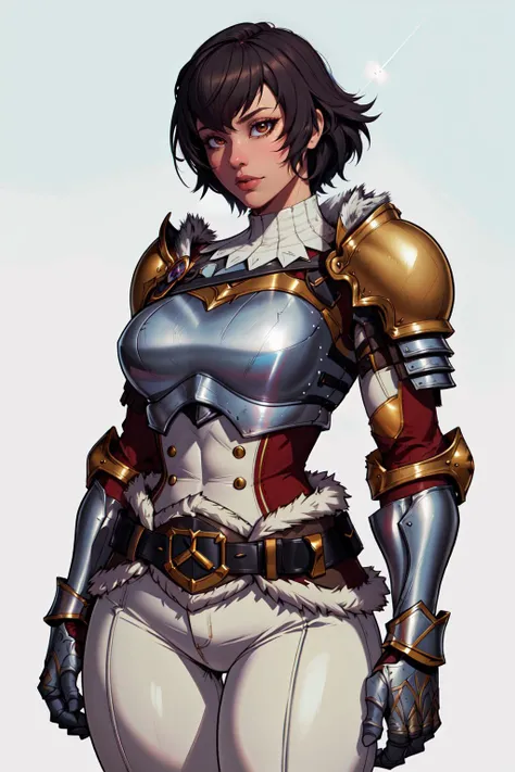 (masterpiece, best quality, absurdres, 4k, aesthetic, detailed, intricate, perfect lighting),1girl,simple background,armor, breastplate, shoulder armor, gauntlets, fur-trimmed belt, pants <lora:MHR_Fiorayne-DEF:0.5> fiorayne