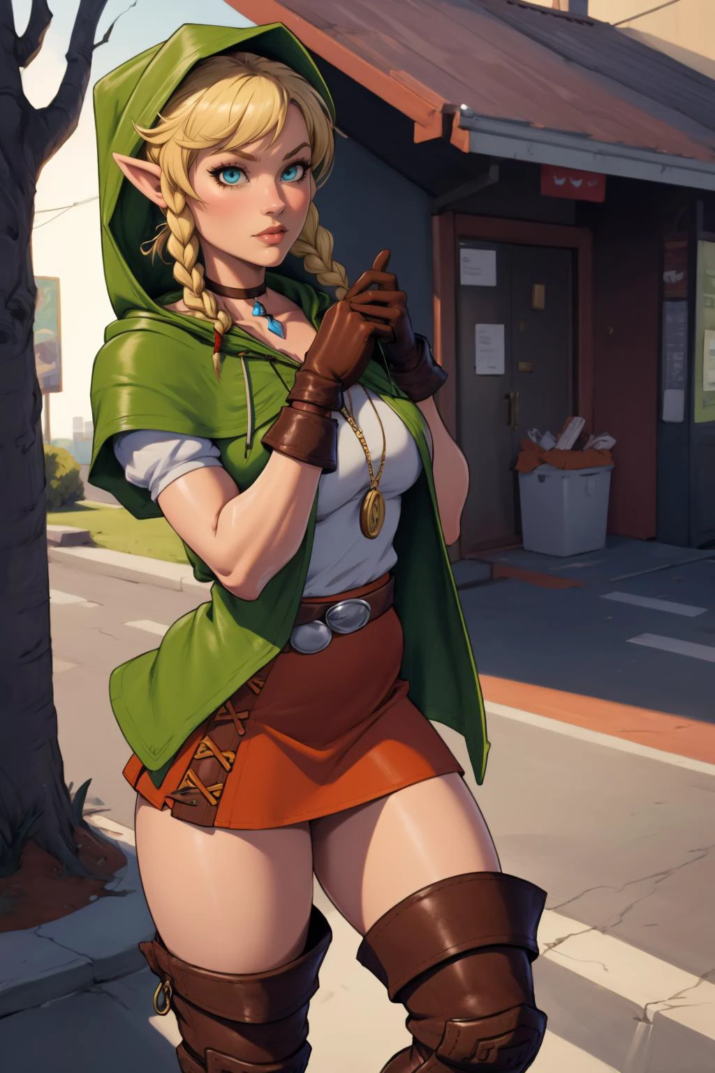 masterpiece, best quality, casual, <lora:hyrulewarriors_linkle-11:.95> linkle, twin braids, blonde green capelet, hood, leather gloves, skirt, thigh boots, choker, belt, Los Angeles, California
