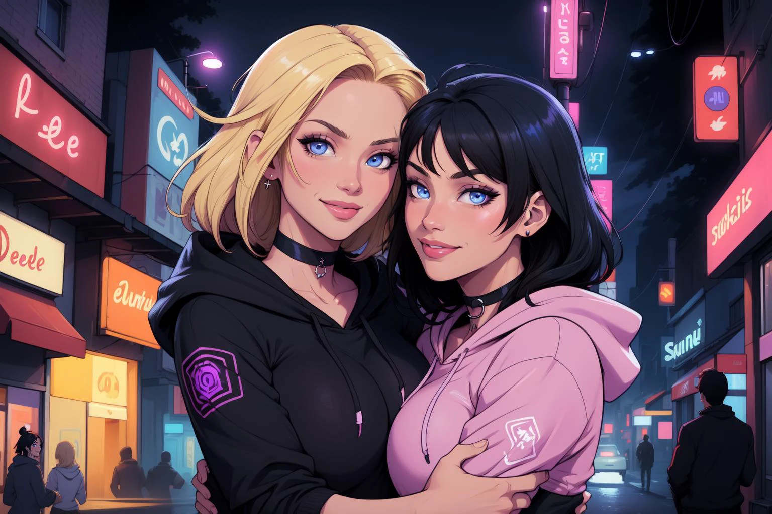 (masterpiece, detailed, highres:1.4), (hotify:1.2), 2girls, hugging, upper body, wind, swaying black hair, blonde hair, hoody, choker, sapphire blue eyes, streets at night, purple neon lights, smiling