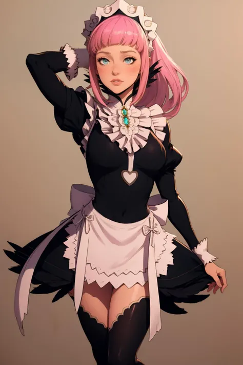 masterpiece, best quality, casual,  <lora:feliciaflora-nvwls-v1-final:1> fefelicia, blue gem, maid headdress, pink hair, maid outfit, white apron, black thighhighs, high heels, Cairo, Egypt