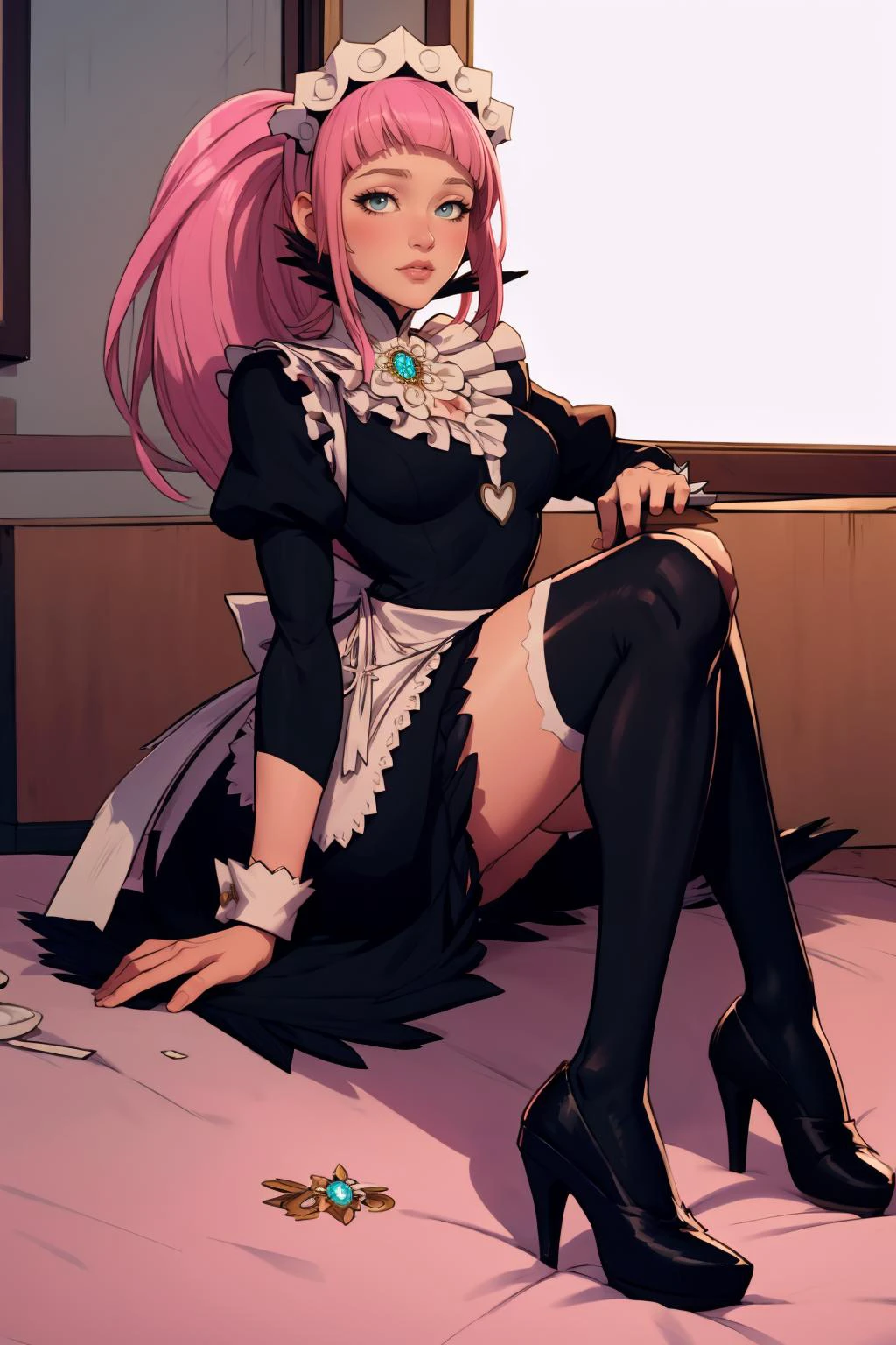 masterpiece, best quality, whole-body, <lora:feliciaflora-nvwls-v1-final:1> fefelicia, blue gem, maid headdress, pink hair, maid outfit, white apron, black thighhighs, high heels, Seoul, Korea