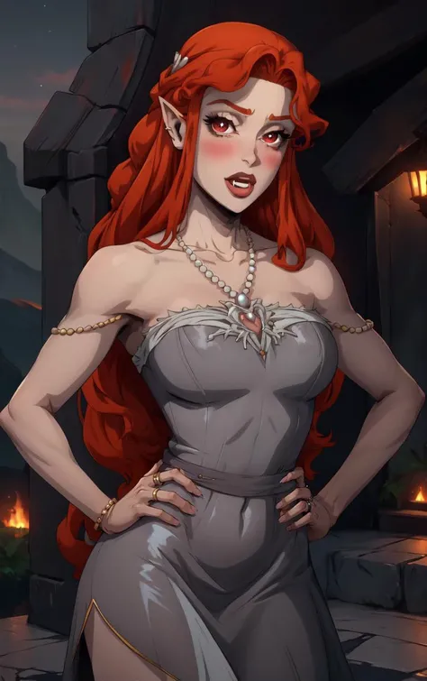 ((masterpiece, best quality)), insaneres, absurdres, solo, looking at viewer,
NightGown_Lenore_ownwaifu,
1girl, long hair, red hair, red eyes, pointy ears, blush, breasts, cleavage, lips, red lips, collarbone, fangs, lipstick, makeup, vampire, braid, floating hair,
jewelry, necklace, pearl necklace, armlet, grey dress, bare shoulders,
(contrapposto, hand on hip)<lora:CARTOON_Castlevania_Lenore_ownwaifu:1>,
depth of field, vanishing point, garden, sidelighting,