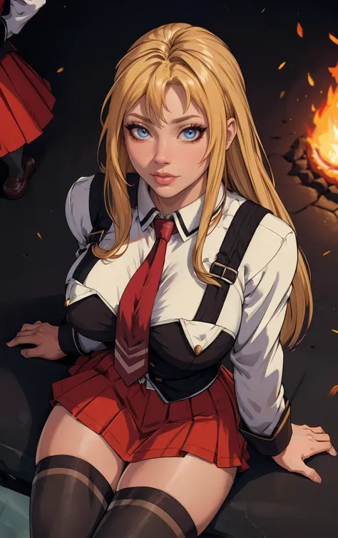 ((masterpiece, best quality)), insaneres, absurdres, solo, outdoors,
CLOTHING_BibleBlack_SchoolDress_ownwaifu, 
1girl, blonde hair,  long hair, blue eyes, 
black vest, red skirt, white shirt, collared shirt, suspenders, school uniform, black thighhighs, zettai ryouiki, necktie, long sleeves, pleated skirt, red necktie, 
(from above, sitting)<lora:CLOTHING_BibleBlack_SchoolDress_ownwaifu:0.9>,
lens flare, depth of field, bokeh, embers, vanishing point, looking at viewer,