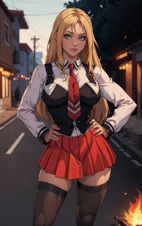 ((masterpiece, best quality)), insaneres, absurdres, solo, outdoors,
CLOTHING_BibleBlack_SchoolDress_ownwaifu,
1girl, blonde hair, long hair, blue eyes,
black vest, red skirt, white shirt, collared shirt, suspenders, school uniform, black thighhighs, zettai ryouiki, necktie, long sleeves, pleated skirt, red necktie,
(contrapposto, hand on hip)<lora:CLOTHING_BibleBlack_SchoolDress_ownwaifu:1>,
lens flare, depth of field, bokeh, embers, vanishing point, looking at viewer,