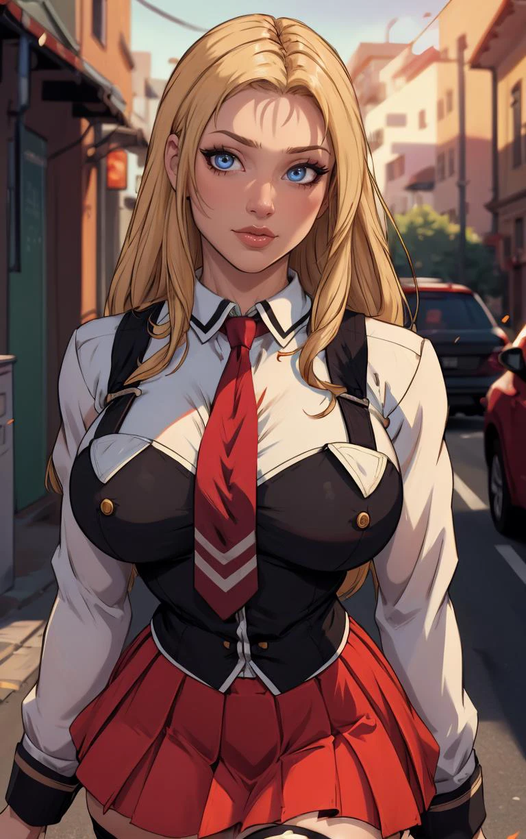 ((masterpiece, best quality)), insaneres, absurdres, solo, outdoors,
CLOTHING_BibleBlack_SchoolDress_ownwaifu,
1girl, blonde hair, long hair, blue eyes,
black vest, red skirt, white shirt, collared shirt, suspenders, school uniform, black thighhighs, zettai ryouiki, necktie, long sleeves, pleated skirt, red necktie,
(portrait, close-up)<lora:CLOTHING_BibleBlack_SchoolDress_ownwaifu:0.8>,
lens flare, depth of field, bokeh, embers, vanishing point, looking at viewer,