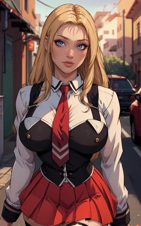 ((masterpiece, best quality)), insaneres, absurdres, solo, outdoors,
CLOTHING_BibleBlack_SchoolDress_ownwaifu, 
1girl, blonde hair,  long hair, blue eyes, 
black vest, red skirt, white shirt, collared shirt, suspenders, school uniform, black thighhighs, zettai ryouiki, necktie, long sleeves, pleated skirt, red necktie, 
(portrait, close-up)<lora:CLOTHING_BibleBlack_SchoolDress_ownwaifu:0.8>,
lens flare, depth of field, bokeh, embers, vanishing point, looking at viewer,