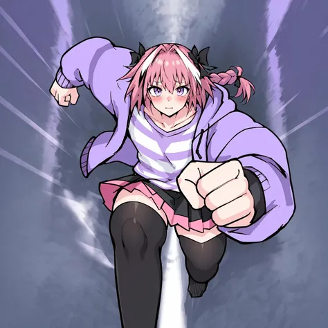 kqtlt, 1boy,Astolfo, black skirt, long braid, braid, purple eyes, hair between eyes, striped, collarbone, hooded jacket, hair bow, shirt, open clothes, black bow, otoko no ko, pink hair, miniskirt, single braid, jacket, long hair, long sleeves, black pantyhose, purple jacket, hair intakes, streaked hair, striped shirt, hair ribbon, wariza,blush, thick thighs,muscle man