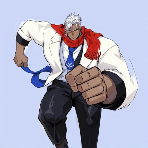 kqtlt, 1boy,blue background, white hair, necktie, formal, simple background, suit, dark-skinned male, pants, dark skin, scarf,muscle man