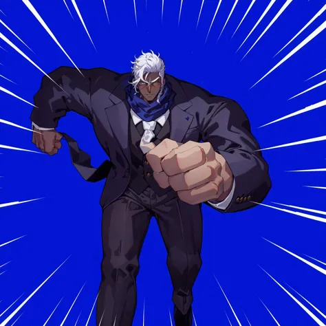 kqtlt, 1boy,blue background, white hair, necktie, formal, simple background, suit, dark-skinned male, pants, dark skin, scarf,muscle man