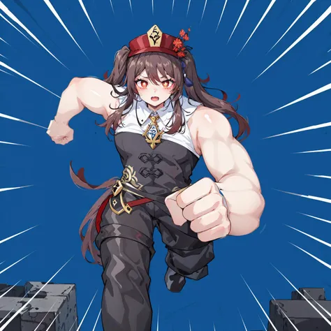 kqtlt, 1girl,hu tao (genshin impact), hat, red eyes, twintails, brown hair, solo, symbol-shaped pupils, long hair,bangs, Blue background,muscle man