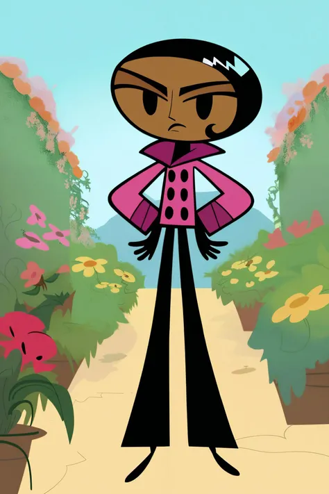 zPDXL2,
brit, 1girl, short black hair, dark-skinned female, black eyes, pink jacket, black pants,black gloves, buttons,black footwear, looking at viewer, serious, standing, hands on hips, outside, flowers, garden, tree, blue sky, <lora:BritPony1.3:.8>