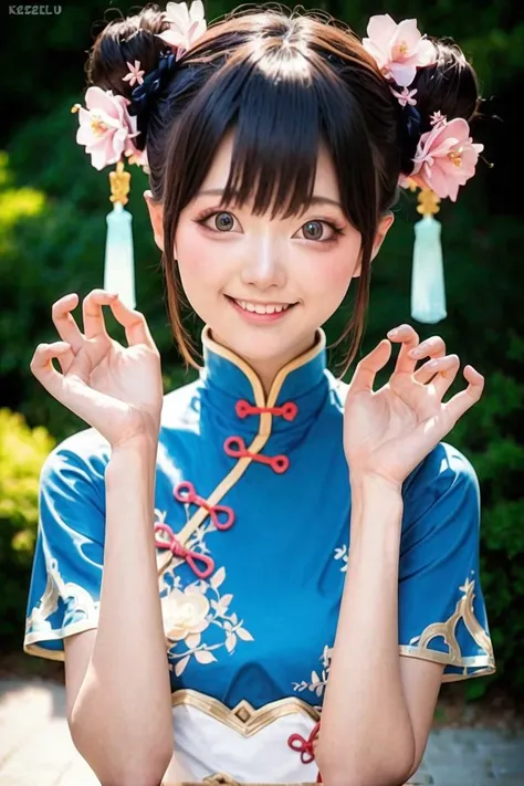 Pozitive_Pony_zPDXL, score_9, score_8_up, score_7_up, score_6_up, masterpiece, ultra detailed, high quality || 1girl, <lora:seeu:1.15> seeu, cosplay, 1girl, looking at viewer, solo, smile, black hair, shy, outdoors, cute pose, cute white dress, chinese clothes, china dress,