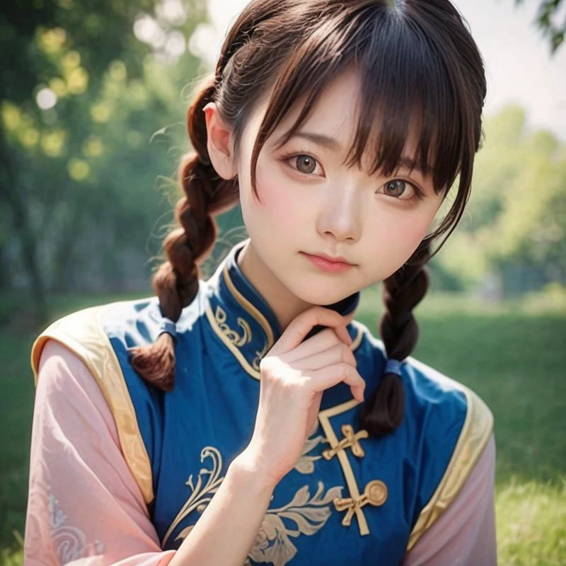 Pozitive_Pony_zPDXL, score_9, score_8_up, score_7_up, score_6_up, masterpiece, ultra detailed, high quality || 1girl, <lora:seeu:1> seeu, 1girl, long hair, looking at viewer, bangs, brown hair, long sleeves, dress, jewelry, closed mouth, upper body, braid, outdoors, wide sleeves, twin braids, bracelet, lips, blue dress, chinese clothes, grass, china dress, realistic, solo