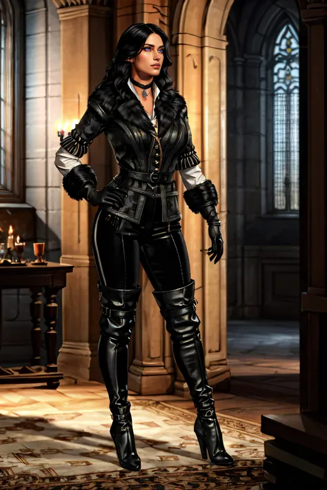 (masterpiece, best quality, ultra detailed, absurdres)1.5, 1girl, (sexy, beautiful woman, perfect face, perfect eyes, perfect female body, large breasts)1.5, (yenw3_soul3142, black jacket, fur-trimmed coat, black gloves, black pants, high heeled boots, choker, long hair, black hair, <lora:yennefer:0.7>), (standing inside a medieval castle), perfect lighting, smooth, hdr