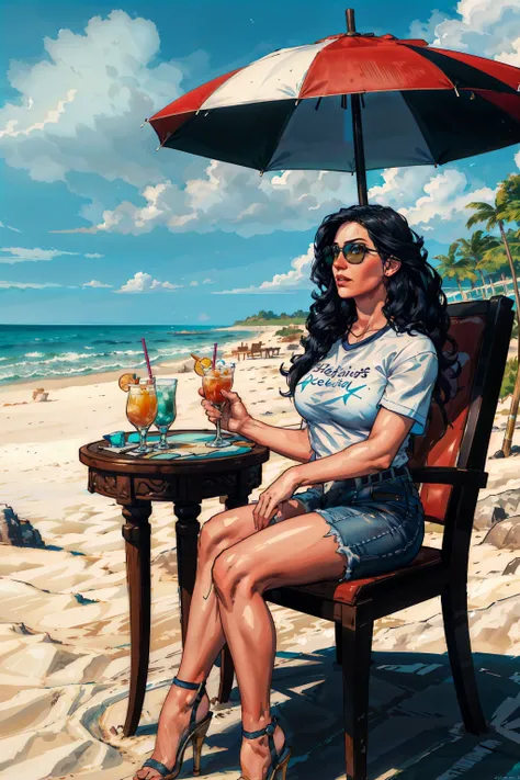 (masterpiece, best quality:1.2), <lora:yennefer-17:0.7>, yenW3_soul3142, 1girl, sunglasses, black hair, mole under mouth, (tshirt:1.1), denim shorts, (holding cocktail:1.1), sitting, chair, table, umbrella, beach, seascape, clouds, sky,