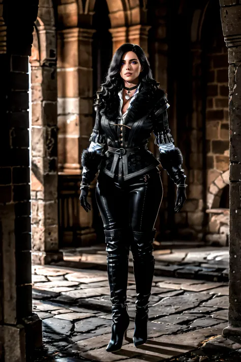 (masterpiece, best quality, ultra detailed, absurdres)1.5, 1girl, (sexy, beautiful woman, perfect face, perfect eyes, perfect female body, large breasts)1.5, (yenw3_soul3142, black jacket, fur-trimmed coat, black gloves, black pants, high heeled boots, choker, long hair, black hair, <lora:yennefer:0.7>), (standing inside a medieval castle), perfect lighting, smooth, hdr